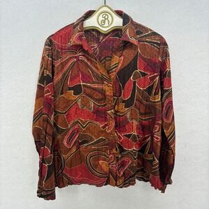 Lindor Abstract Print Button Front Blouse Womens LARGE Brown‎ Red Retro Top